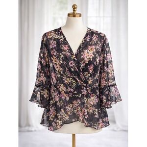 Jones New York Collection Wrap Top Blouse 100% Silk Pink Multi‎ Floral Size 24W